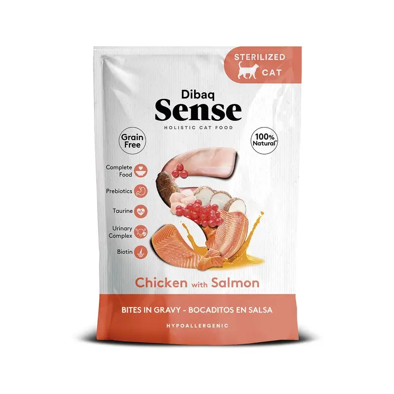 Dibaq Sense Comida Húmeda Gatos Bocaditos En Salsa Pollo Con Salmón, 12 x 100 gr