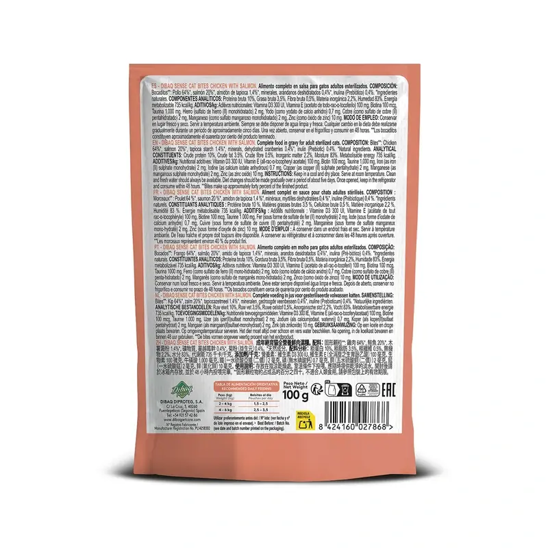 Dibaq Sense Comida Húmeda Gatos Bocaditos En Salsa Pollo Con Salmón, 12 x 100 gr