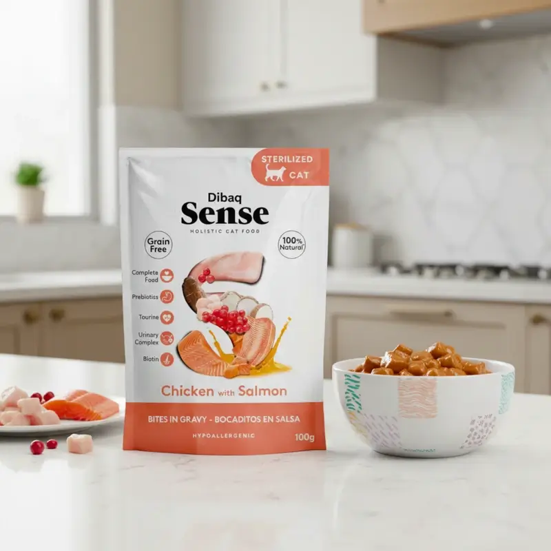Dibaq Sense Comida Húmeda Gatos Bocaditos En Salsa Pollo Con Salmón, 12 x 100 gr