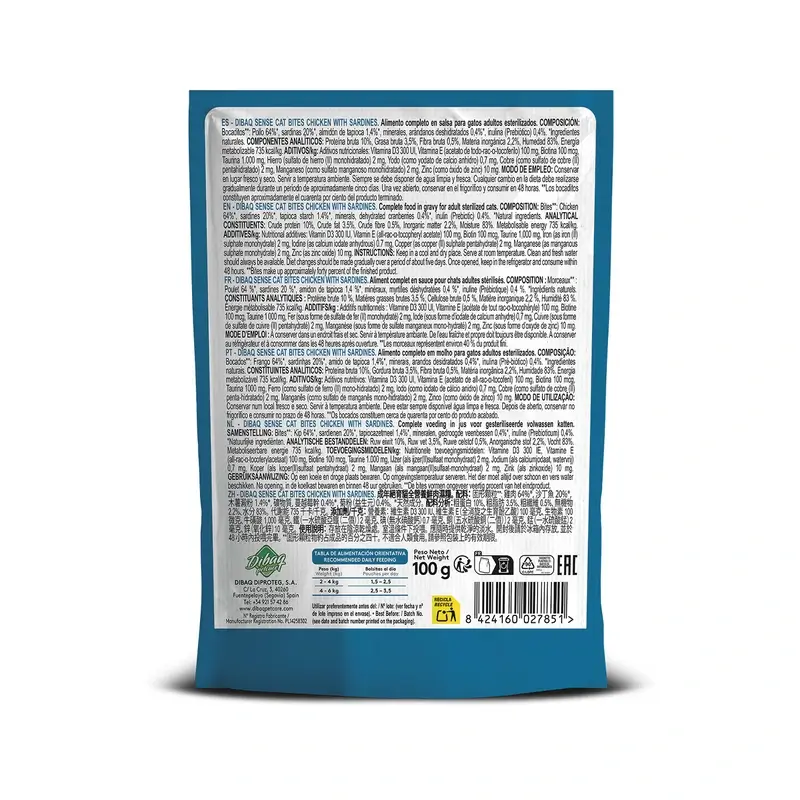 Dibaq Sense Comida Húmeda Gatos Bocaditos En Salsa Pollo Con Sardinas, 12 x 100 gr