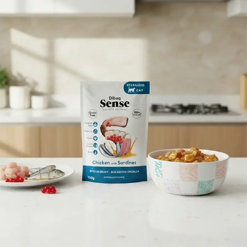 Dibaq Sense Comida Húmeda Gatos Bocaditos En Salsa Pollo Con Sardinas, 12 x 100 gr