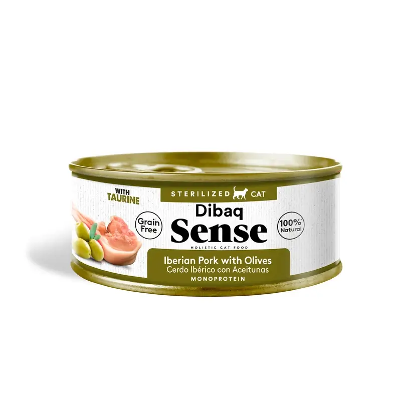 Dibaq Sense Comida Húmeda Gatos Esterilizado Cerdo Ibérico Con Aceitunas, 12 x 70 gr
