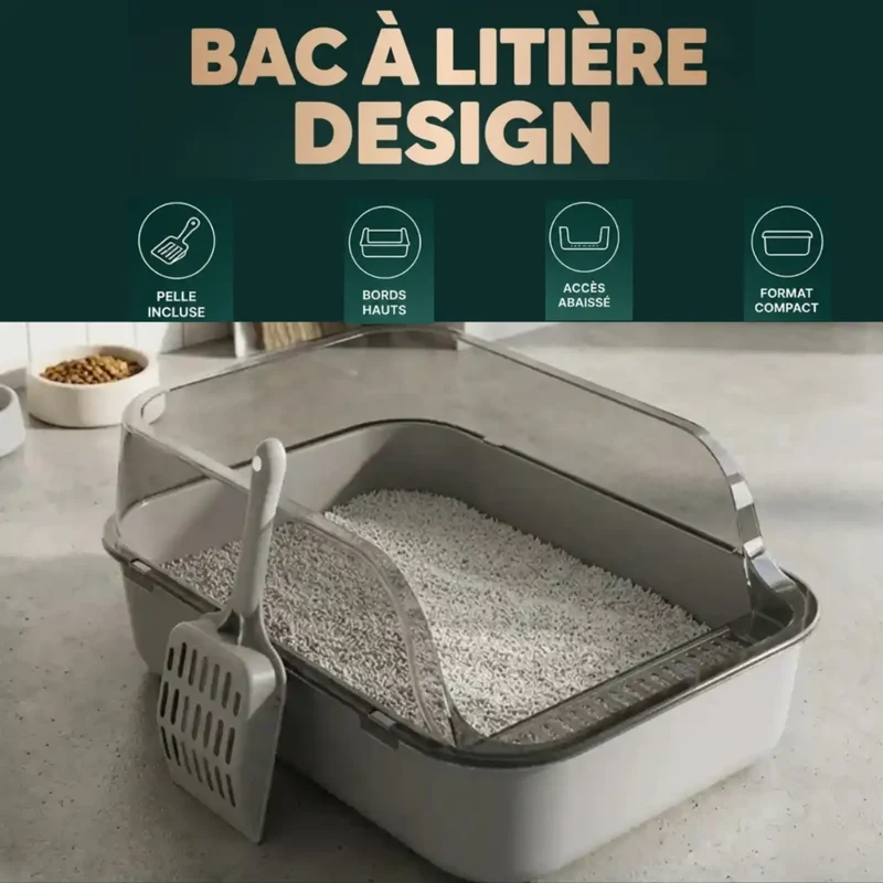 Bac à Litière Semi-Fermé avec Pelle – Anti-Éclaboussures