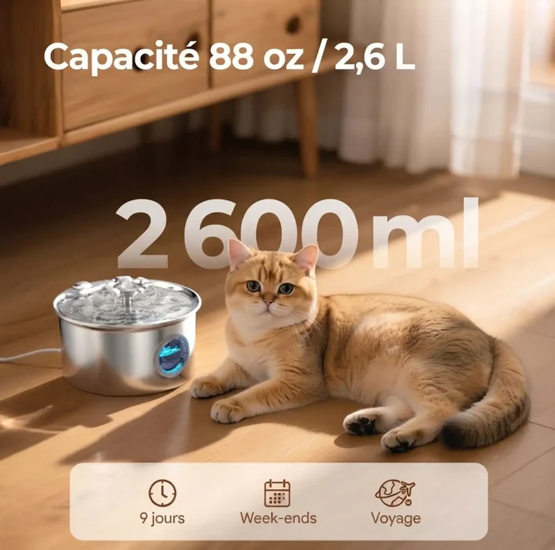 Fontaine à Eau Inox 3,2L Écran LCD – Filtration Silencieuse & Étanche IPX7