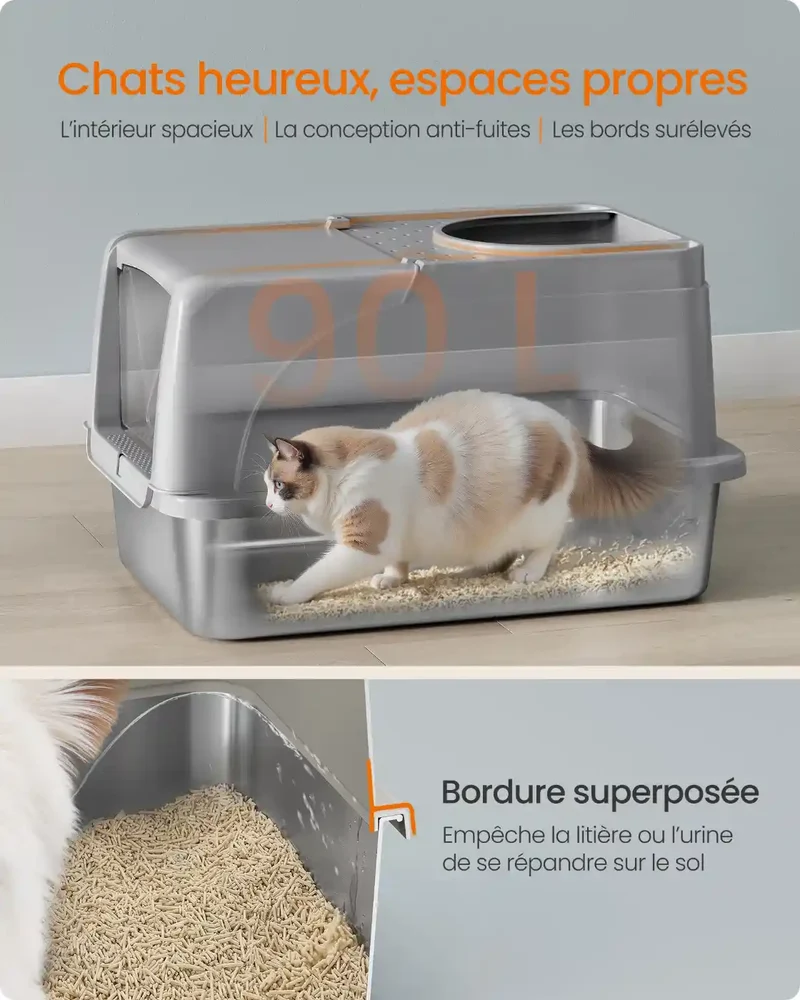 Bac à Litière Inox Feandrea – 28L, Double Entrée, Étanche