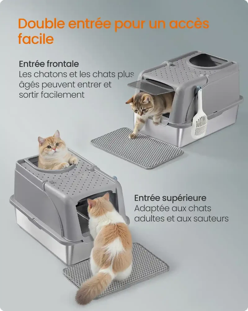 Bac à Litière Inox Feandrea – 28L, Double Entrée, Étanche