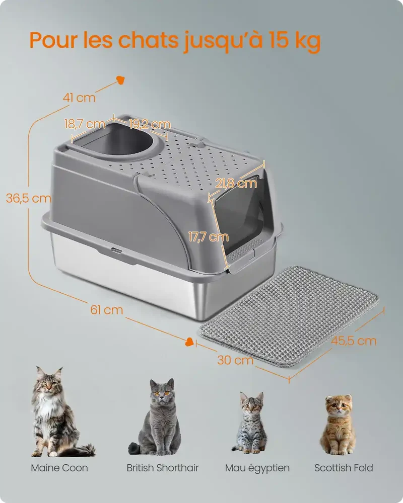 Bac à Litière Inox Feandrea – 28L, Double Entrée, Étanche
