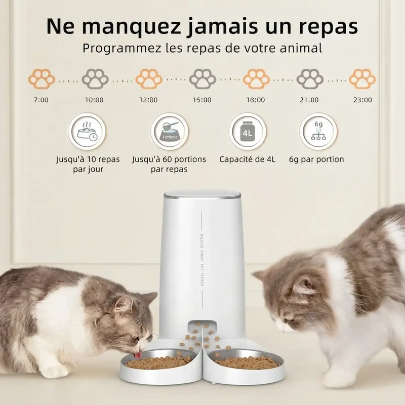 Distributeur Croquettes WiFi 4L Inox – Simple ou Double Bol
