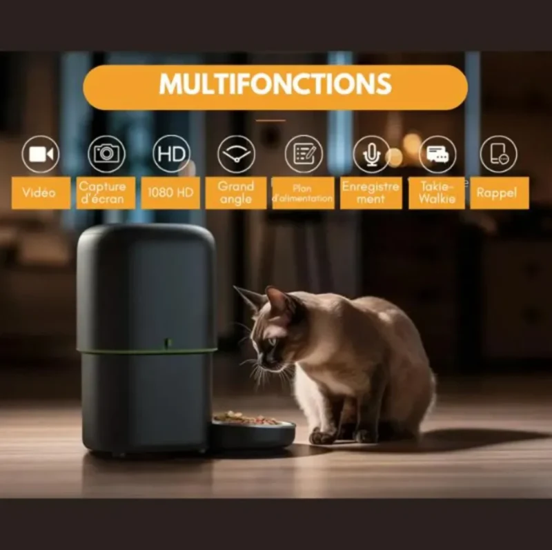 Distributeur Croquettes Inox Caméra 1080p – WiFi Double Bande, 2L/4L