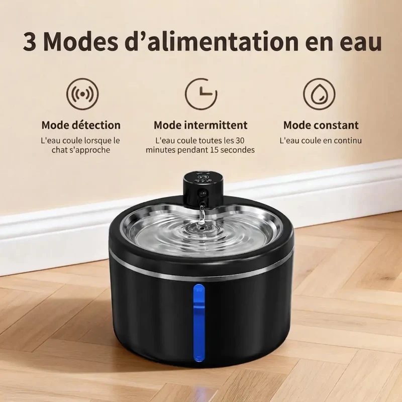 Fontaine à Eau Sans Fil 3L – Batterie 4000mAh, Plateau Inox