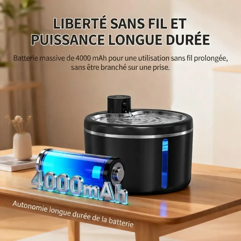 Fontaine à Eau Sans Fil 3L – Batterie 4000mAh, Plateau Inox