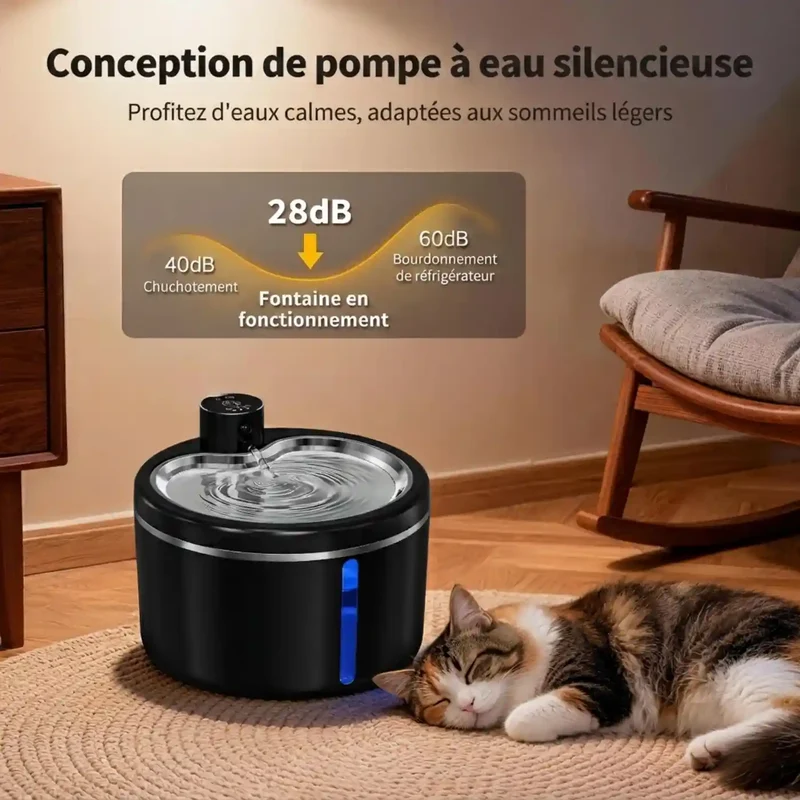 Fontaine à Eau Sans Fil 3L – Batterie 4000mAh, Plateau Inox