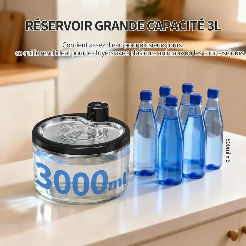 Fontaine à Eau Sans Fil 3L – Batterie 4000mAh, Plateau Inox