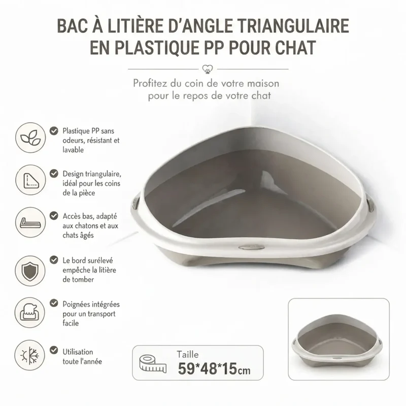Bac à Litière d'Angle Triangulaire – Gain de Place, 59x48cm