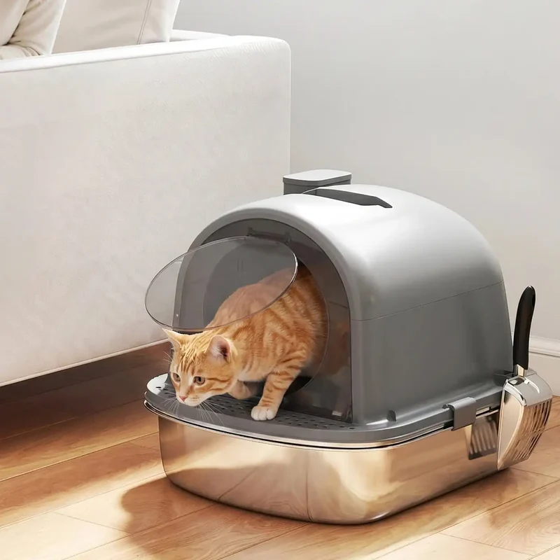 Bac à Litière Fermé Inox avec Zone de Capture – Sachet Désodorisant Inclus