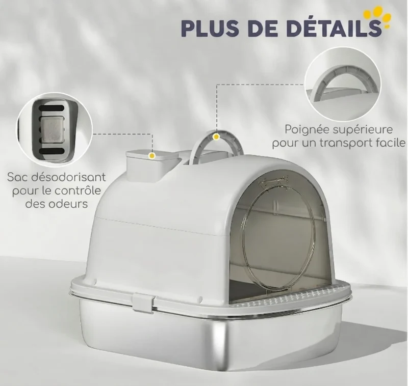 Bac à Litière Fermé Inox avec Zone de Capture – Sachet Désodorisant Inclus