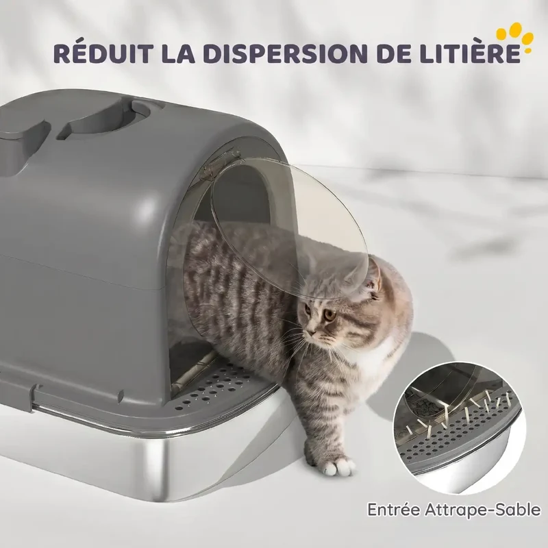 Bac à Litière Fermé Inox avec Zone de Capture – Sachet Désodorisant Inclus