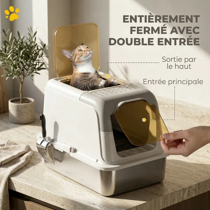 Bac à Litière Fermé Inox Double Accès – Sachet Désodorisant Inclus