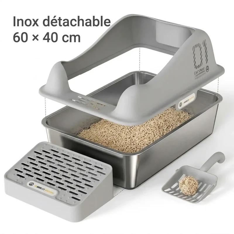 Bac a Litiere Inox Detachable 60x40cm – Acces Rapide & Facile a Nettoyer