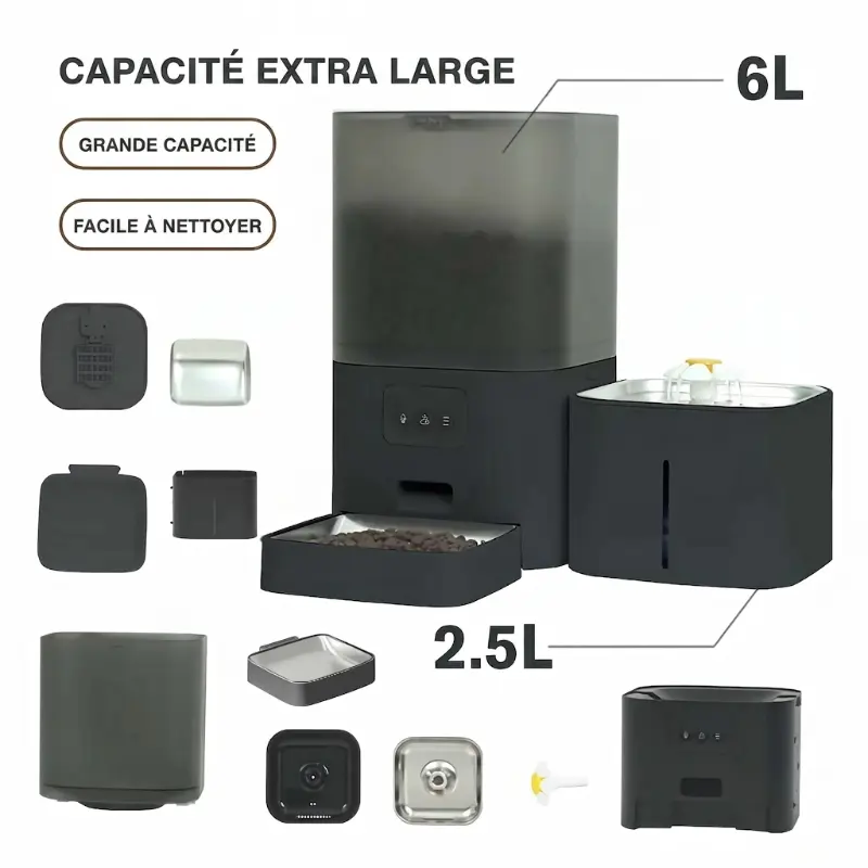 Distributeur2-en-1 Inox 6L Nourriture & 2.5L Eau – Automatique Rechargeable
