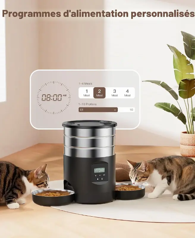 Distributeur Automatique Inox 4,5L – 5 Repas Programmables & Message Vocal