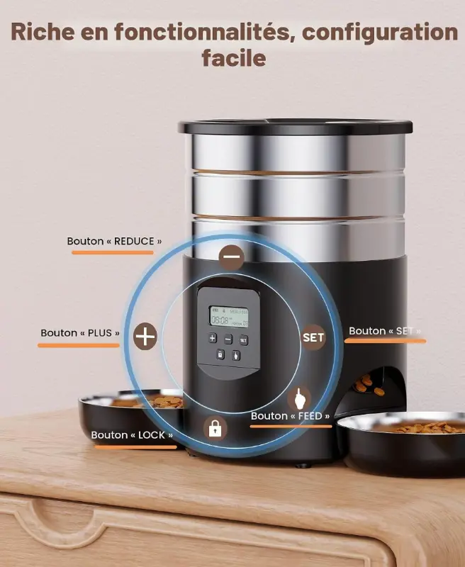 Distributeur Automatique Inox 4,5L – 5 Repas Programmables & Message Vocal