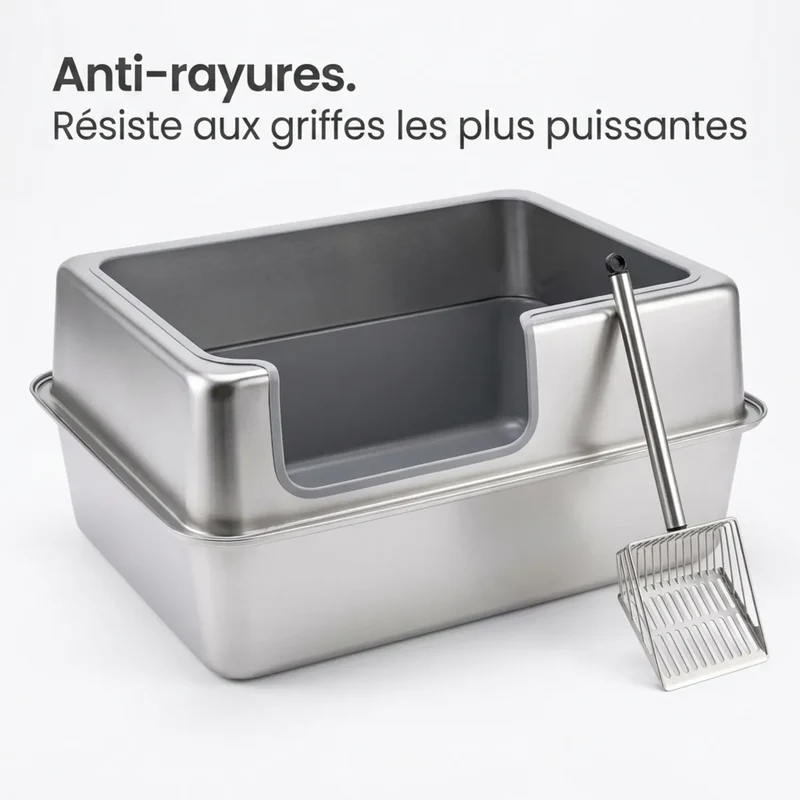Bac à Litière Inox XXL 70 cm – Hauts Rebords pour Maine Coon & Grandes Races