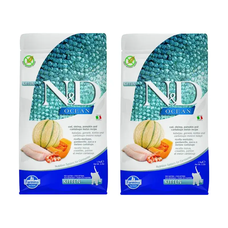 Farmina N&D Cat Kitten Ocean Bacalao Calabaza 1,5Kg, Pienso Para Gatitos, Pack De 2