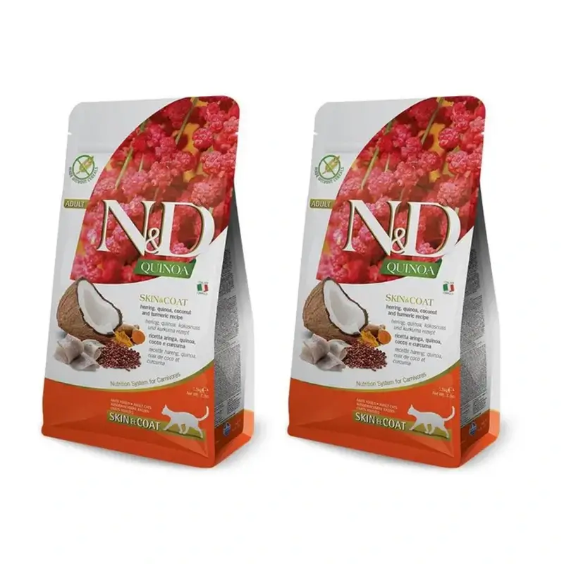 Farmina N&D Cat Quinoa Skin Coat Arenque 5Kg, Pienso Para Gatos, Pack De 2