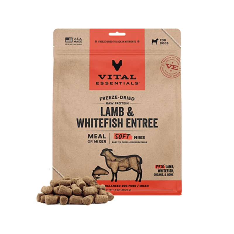 Vital Essentials® – Repas ou Mélange de Bouchées Tendres à base de Protéines Crues Lyophilisées : Agneau et Poisson Blanc, 14 oz