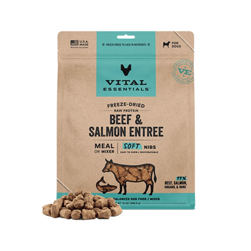 Vital Essentials® – Repas ou Mélange de Bouchées Tendres à base de Protéines Crues Lyophilisées : Bœuf et Saumon