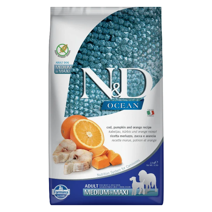 Croquettes Farmina N&D Ocean Morue, Citrouille et Orange pour chiens moyens et grands