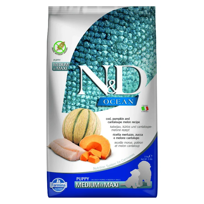 Croquettes Farmina N&D Ocean Morue et Citrouille pour chiots de races moyennes et grandes