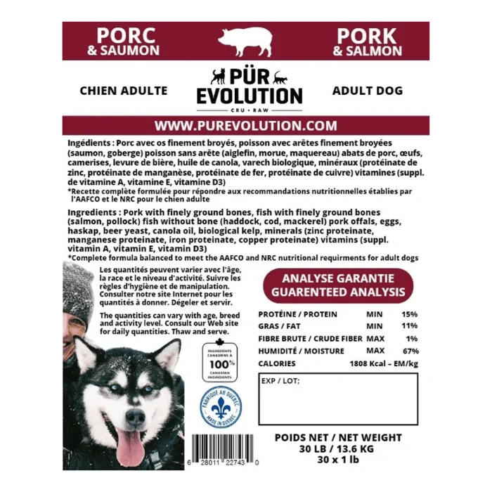 PÜR Evolution Porc et Saumon - Nourriture crue chien adulte - En magasin seulement