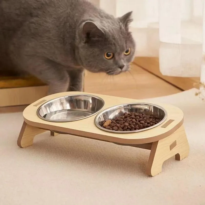 Gamelle chat surélevée - En acier inoxydable et support effet bois