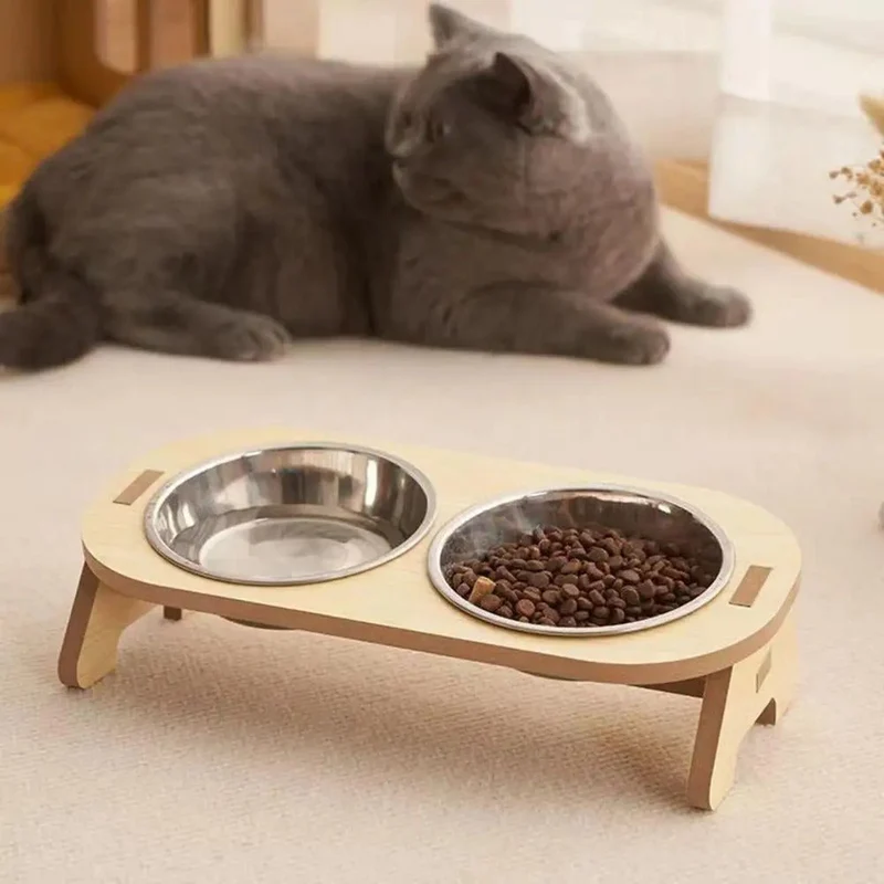Gamelle chat surélevée - En acier inoxydable et support effet bois