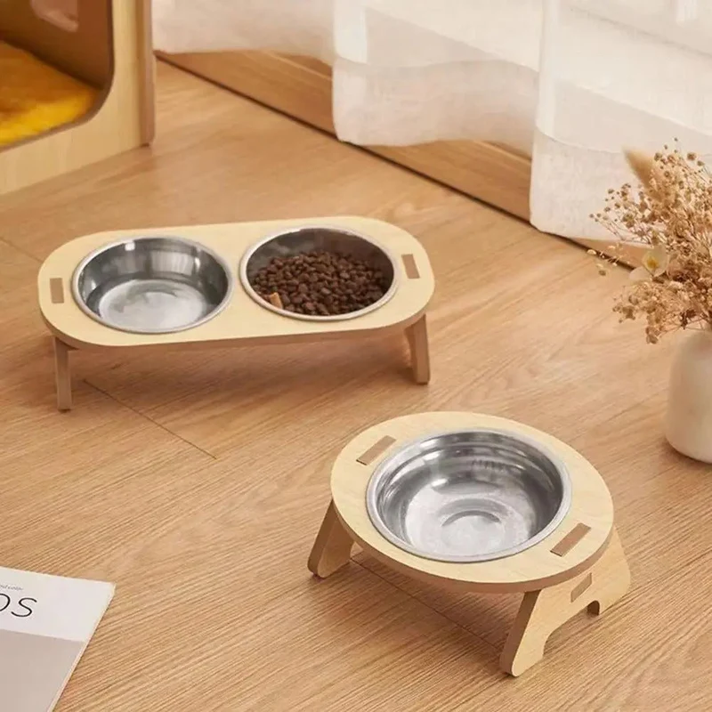 Gamelle chat surélevée - En acier inoxydable et support effet bois