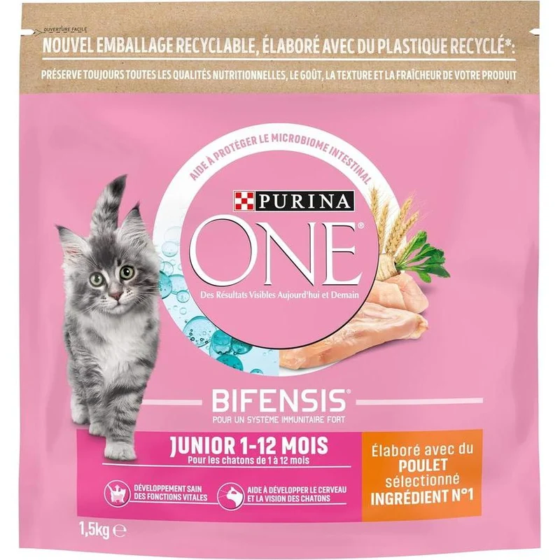 PURINA ONE Junior Croquettes pour Chaton Poulet et Céréales Complètes 1,5 Kg