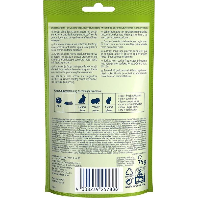 VITAKRAFT Drops Carotte Friandises pour Rongeurs 9x75g
