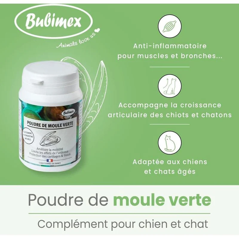 BUBIMEX Poudre de Moules Vertes Bien-Être Articulaire Chien & Chat 60g