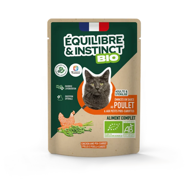 EQUILIBRE & INSTINCT Emincés pour chat au poulet légumes BIO 100g