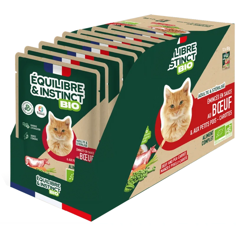 EQUILIBRE & INSTINCT Emincés pour chat au boeuf légumes BIO 100g