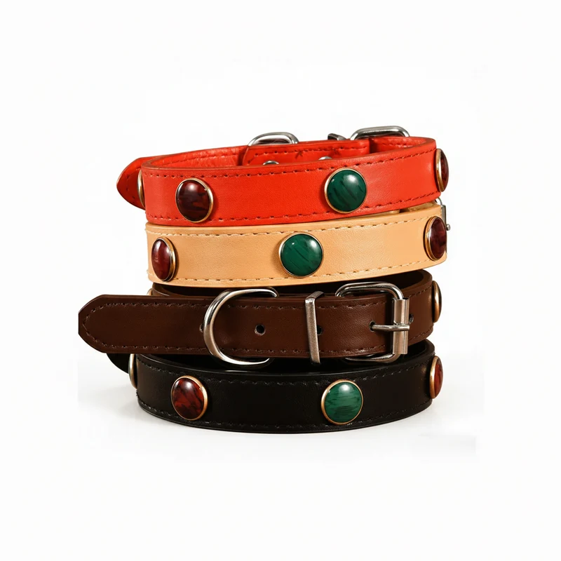 Collier En Cuir Avec Pierres Colorées Pour Petits Chiens