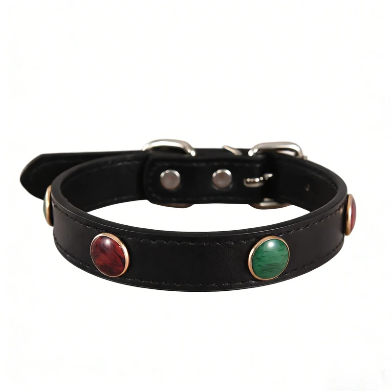 Collier En Cuir Avec Pierres Colorées Pour Petits Chiens