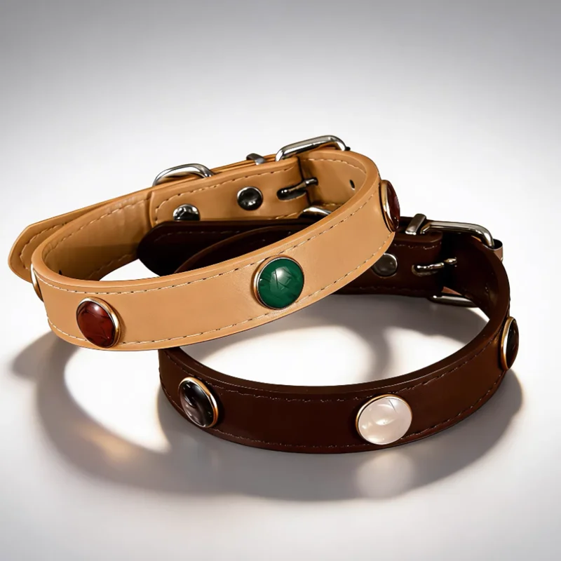 Collier En Cuir Avec Pierres Colorées Pour Petits Chiens