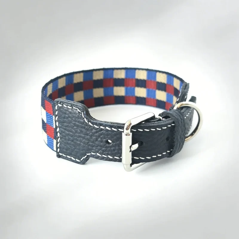 Collier Large Pour Chien Damier Multicolore En Cuir Véritable