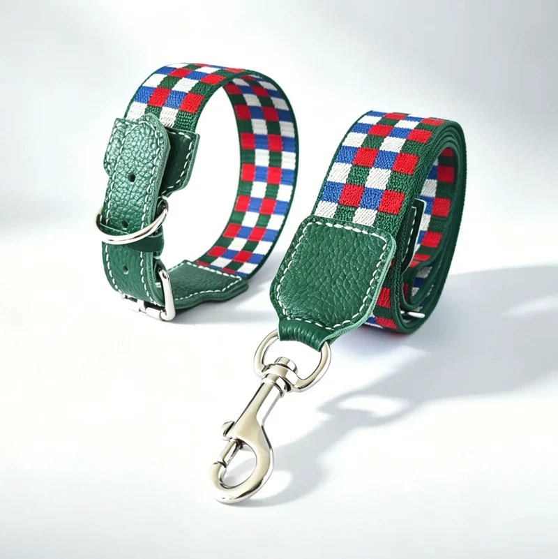 Collier Large Pour Chien Damier Multicolore En Cuir Véritable