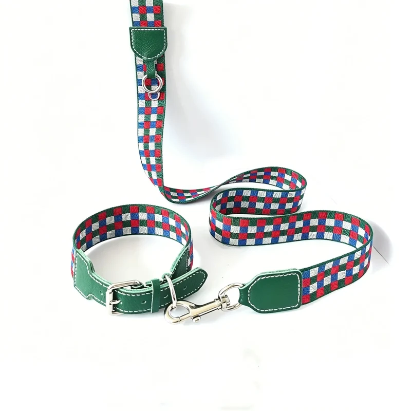 Collier Large Pour Chien Damier Multicolore En Cuir Véritable