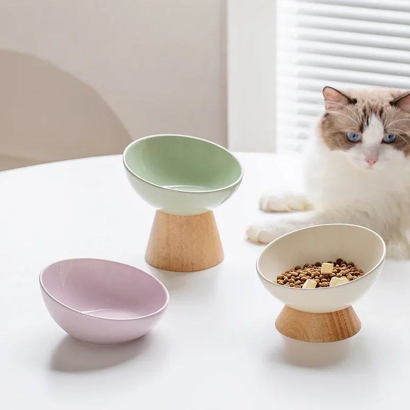 Gamelle Céramique Inclinée Pour Chat Avec Support Bois
