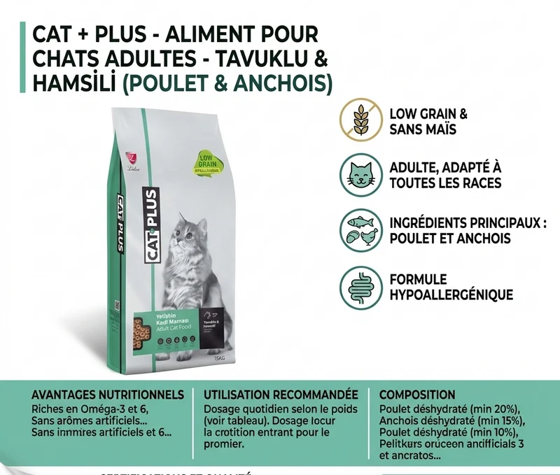 CAT PLUS – Croquettes Adulte Poulet & Anchois Low Grain 1,5 kg